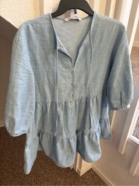 Zara Light Denim Tiered Popover Tunic